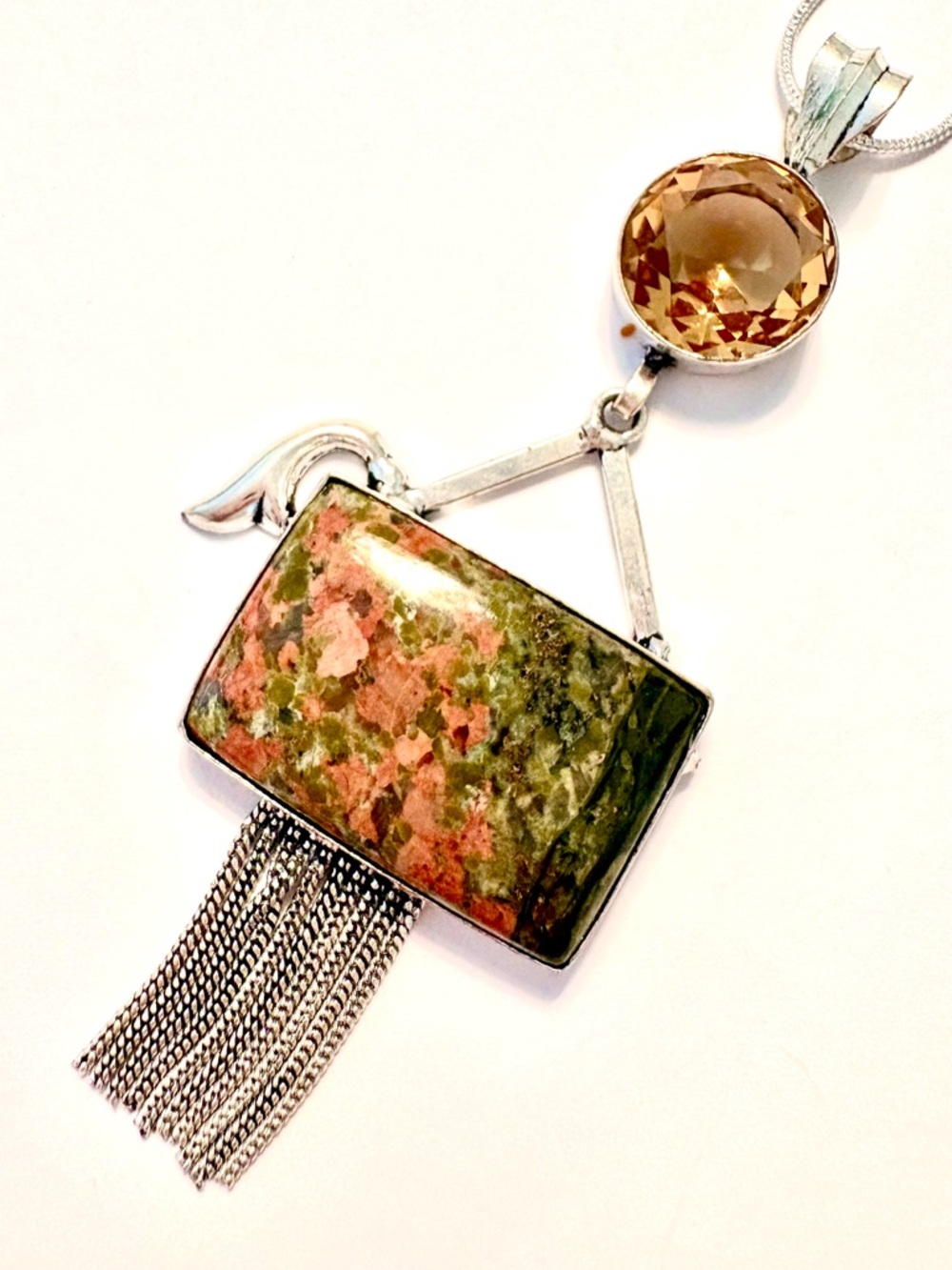 3 1/2 inch, 925 marked, Unakite and Citrine  pendant in a silver chain.